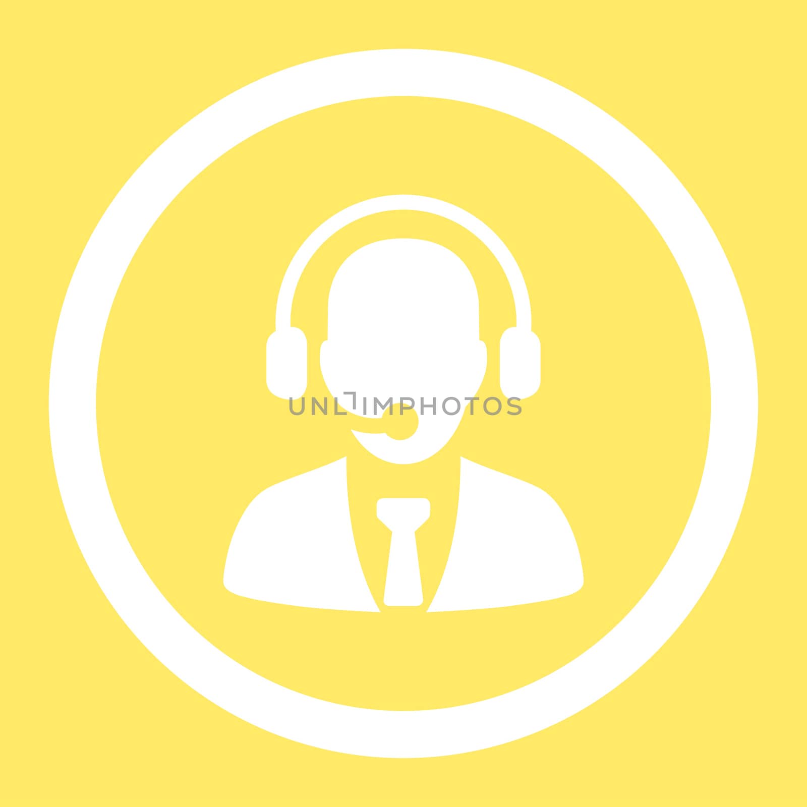 Call center glyph icon. This rounded flat symbol is drawn with white color on a yellow background.