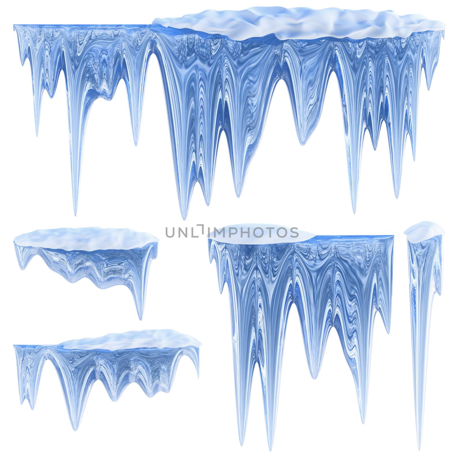 set of hanging thawing and melting blue dripping icicles, as a shiny crystal glass, with crisp spikes in icy winter season time from freezer make around arctic frost with icing on the scene