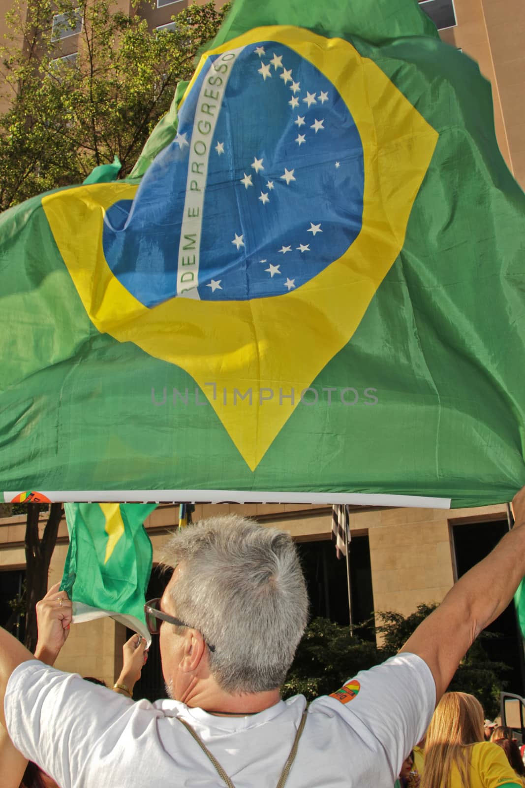 SAO PAULO, BRAZIL August 16, 2015: An unidentified man with a flag in the protest against federal government corruption in Sao Paulo Brazil.