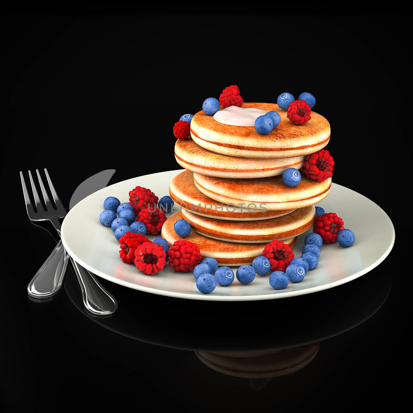 Pancakes with berries on a black background