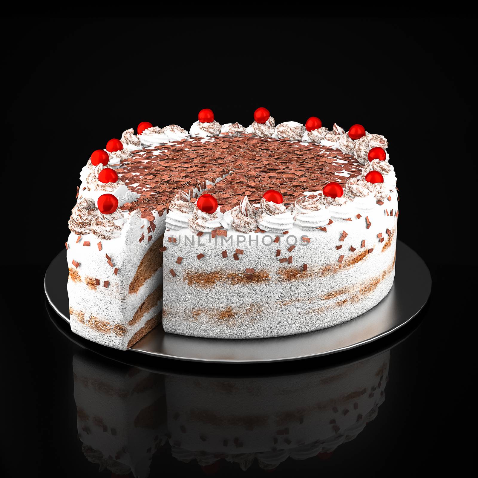 Cake with chocolate chips on a black background