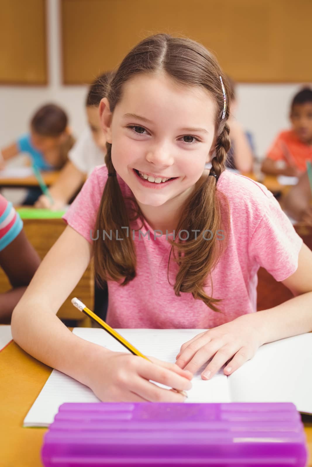 Little girl smiling at camera in class at the elementary school