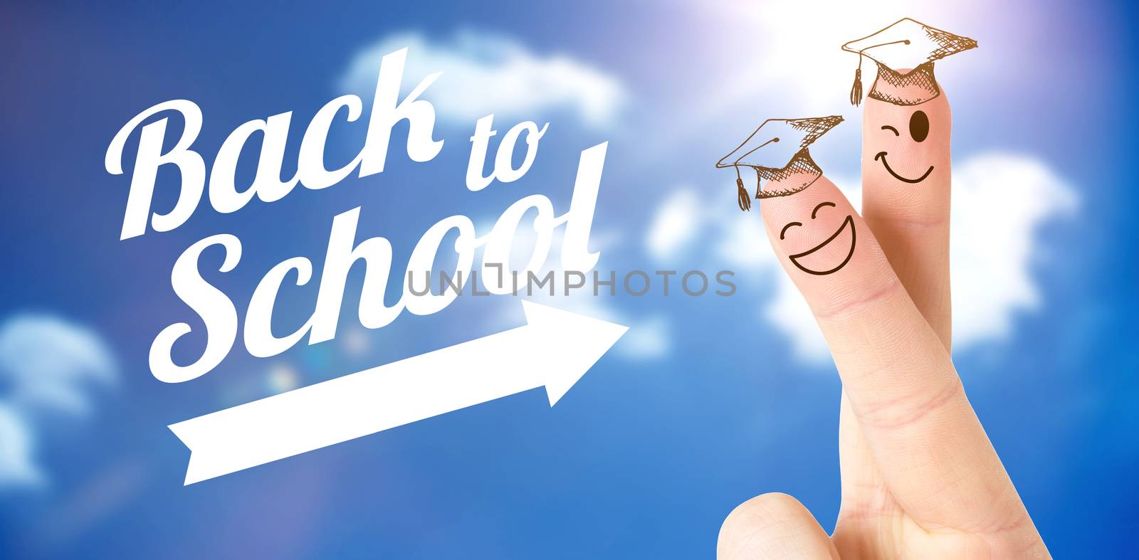 Fingers posed as students against bright blue sky with clouds