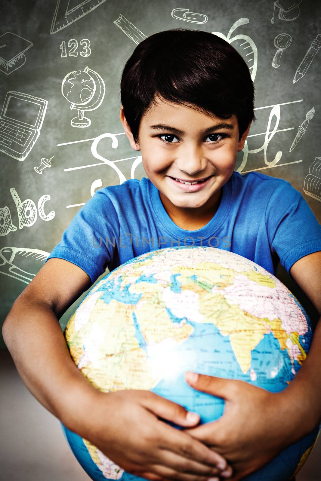 Education doodles against cute little boy holding globe