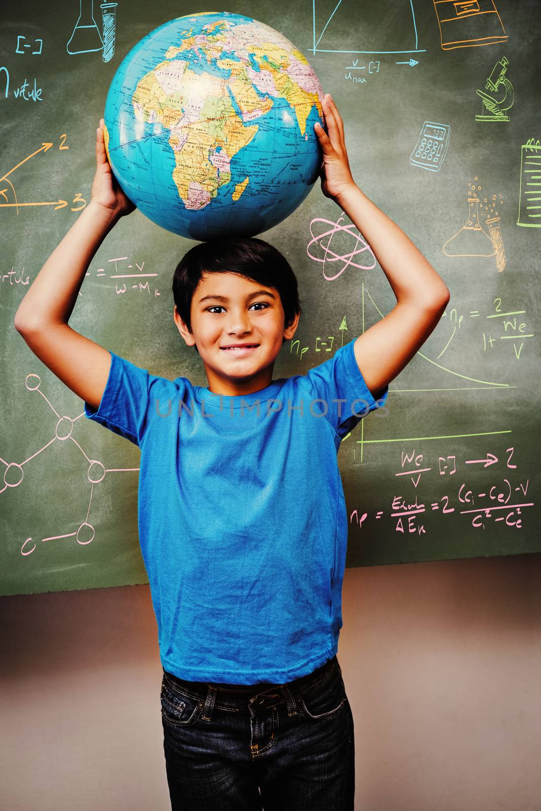 Education doodles against little boy holding globe over head