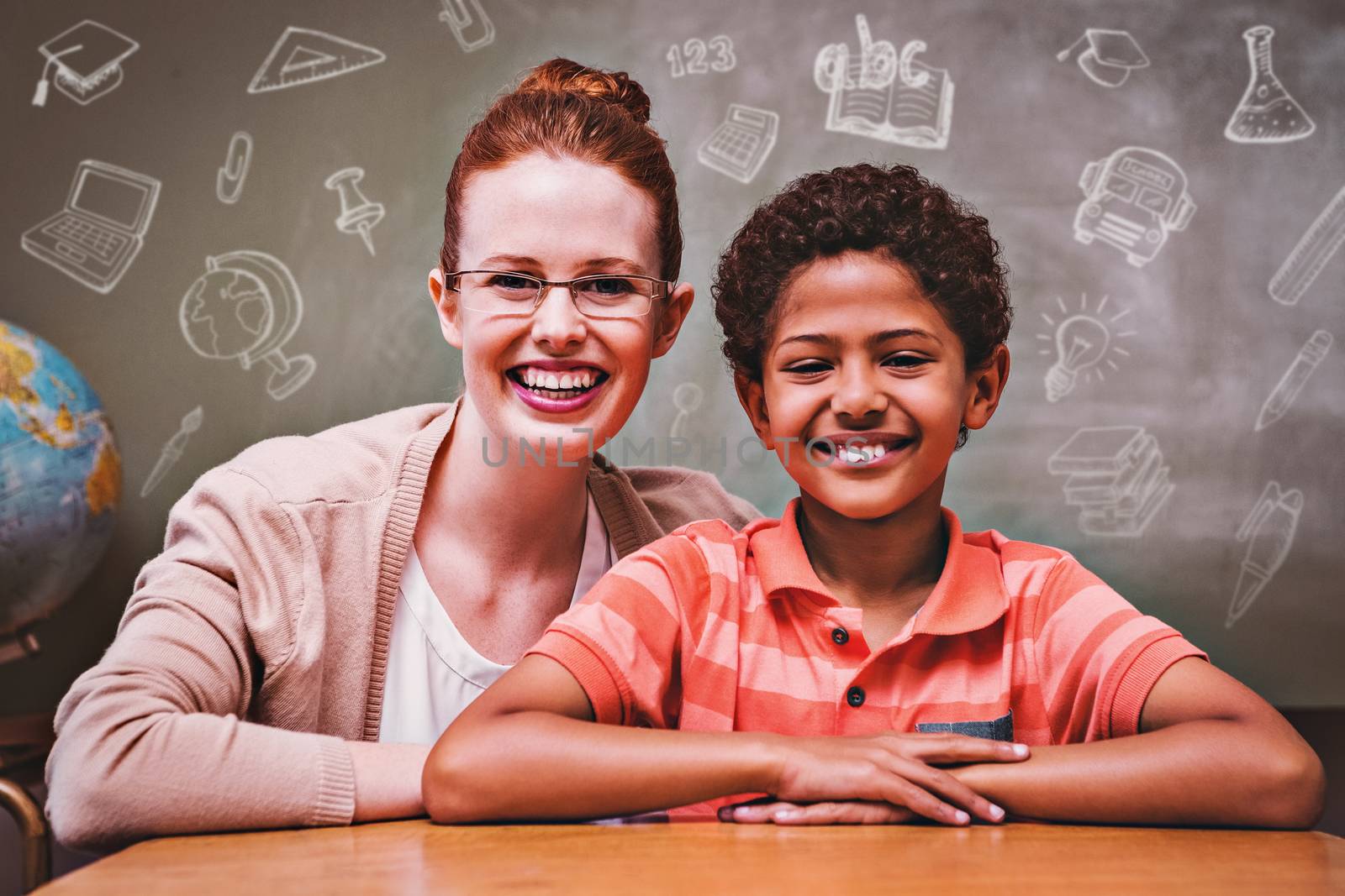 Education doodles against happy female teacher and boy in classroom