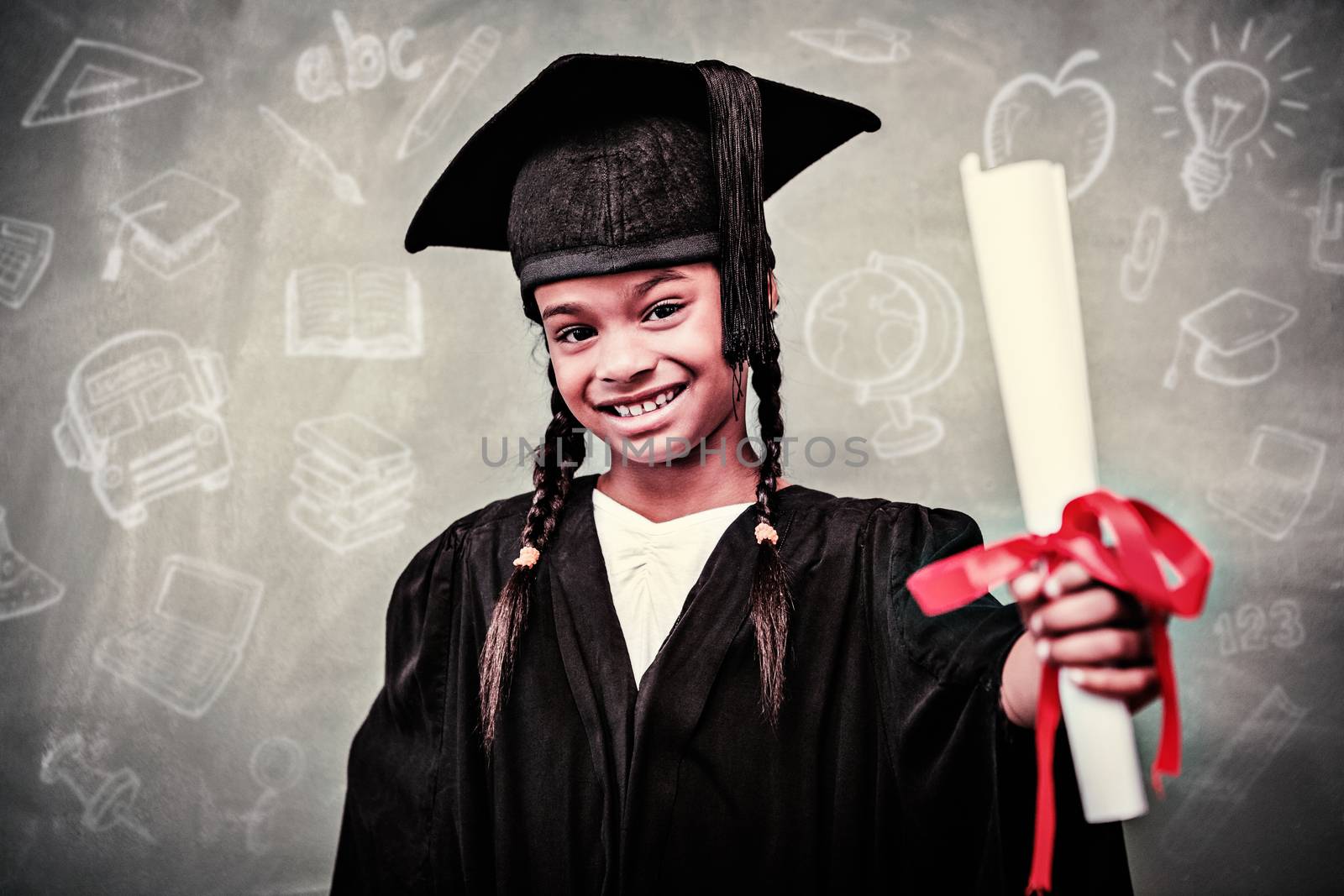 Education doodles against little girl in graduation robe holding diploma