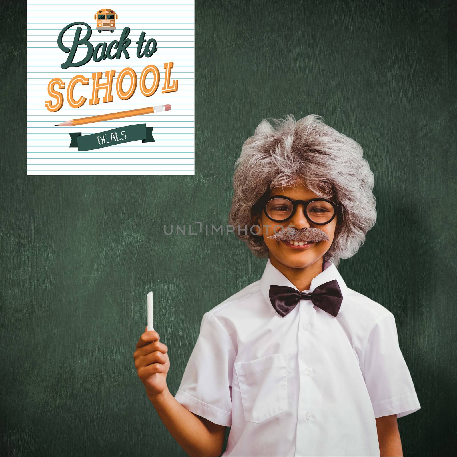 Pupil dressed up in wig against green chalkboard