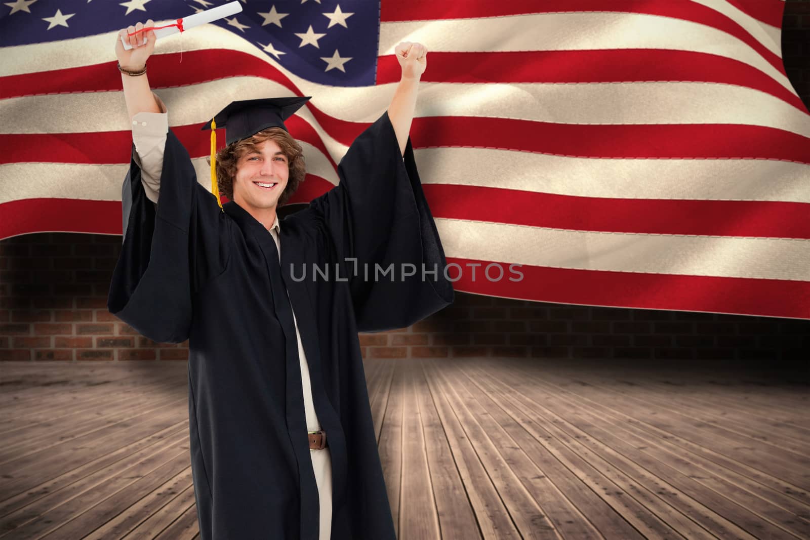 Male student in graduate robe raising his arms against composite image of digitally generated united states national flag