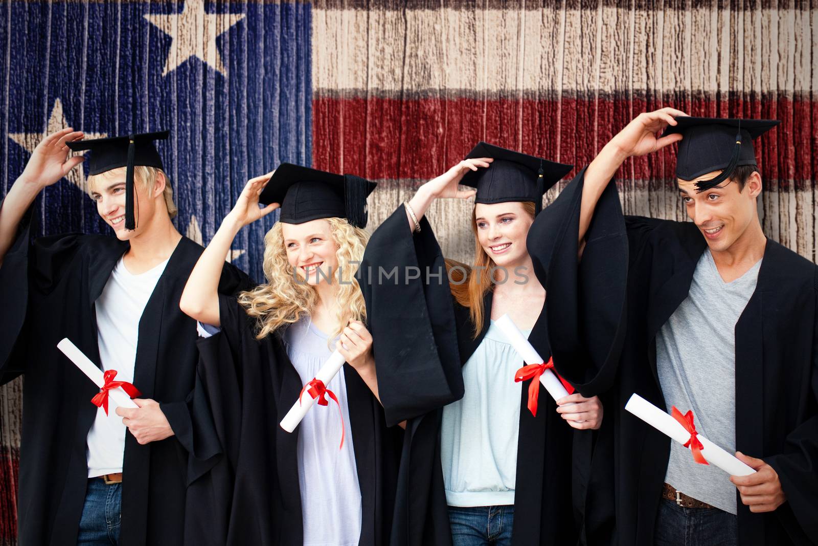 Group of teenagers celebrating after Graduation against composite image of usa national flag