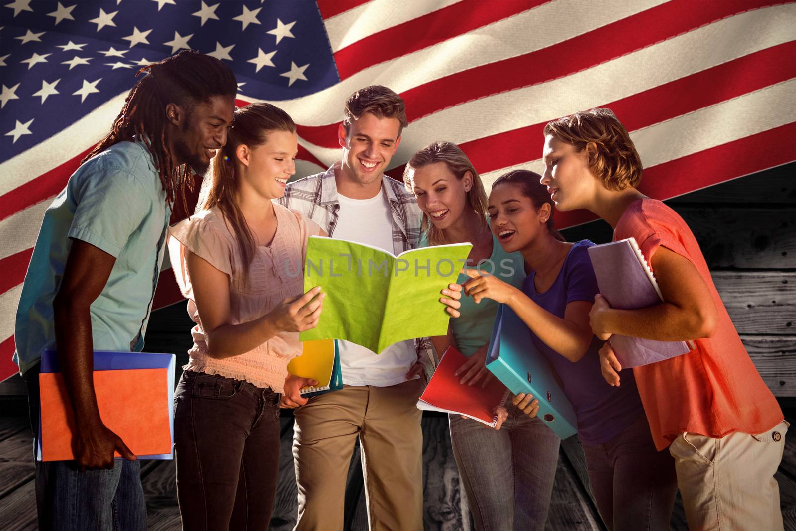 Happy students outside on campus  against composite image of digitally generated united states national flag