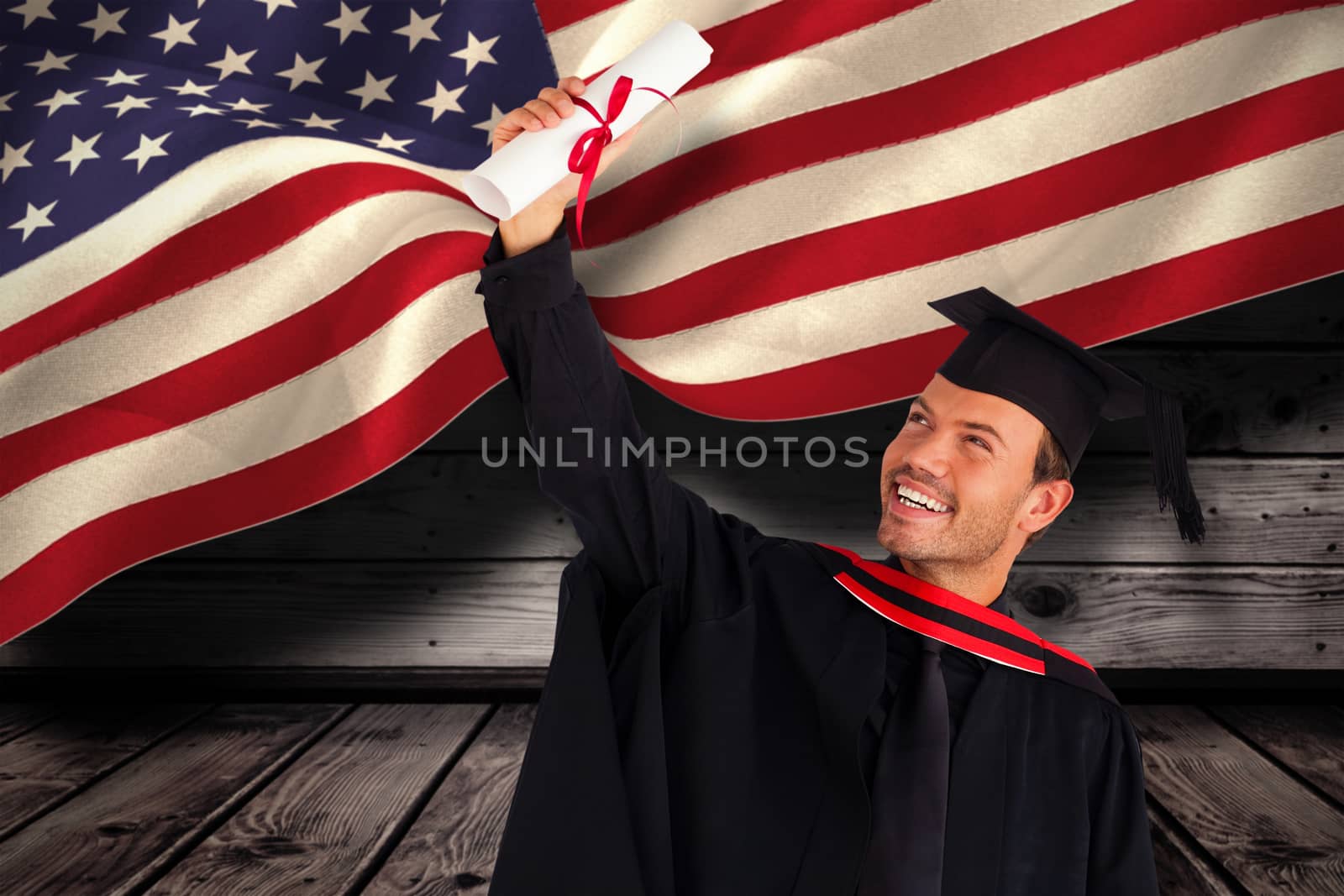 Happy attractive boy celebrating his graduation  against composite image of digitally generated united states national flag