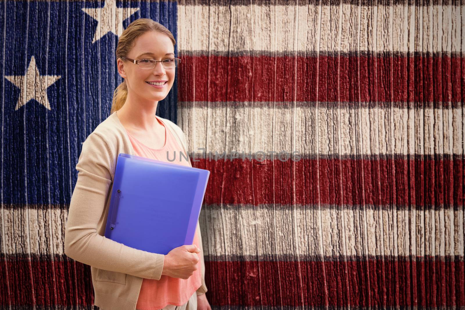 Teaching student against composite image of usa national flag