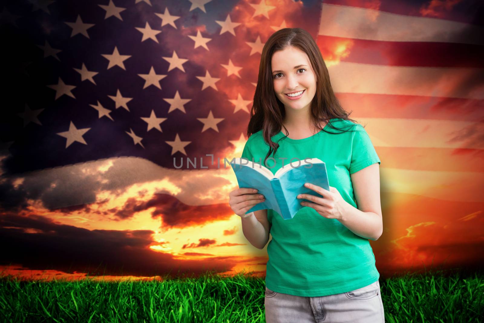 Student picking a book from shelf in library against composite image of united states of america flag