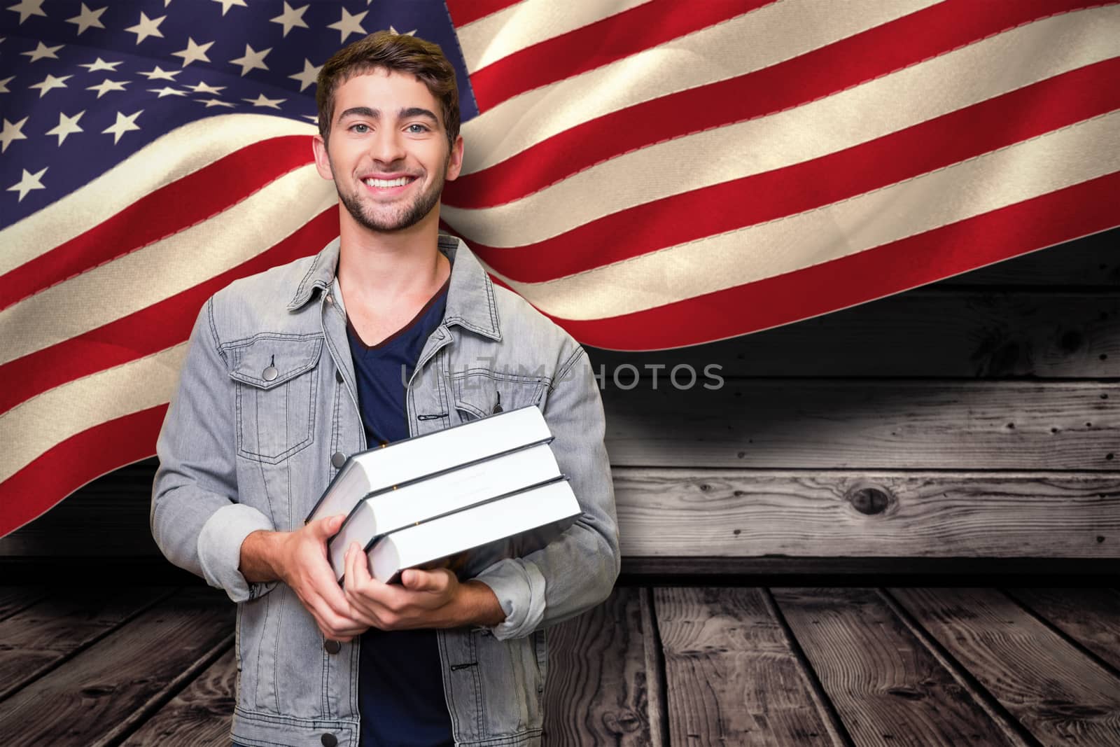 Student smiling at camera in library against composite image of digitally generated united states national flag