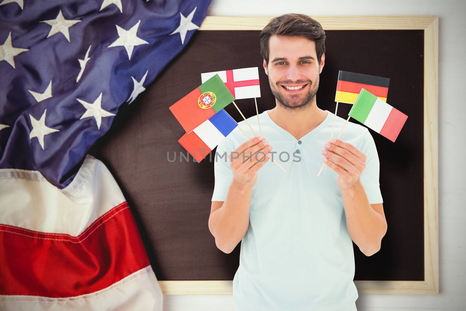 International student against american flag on chalkboard