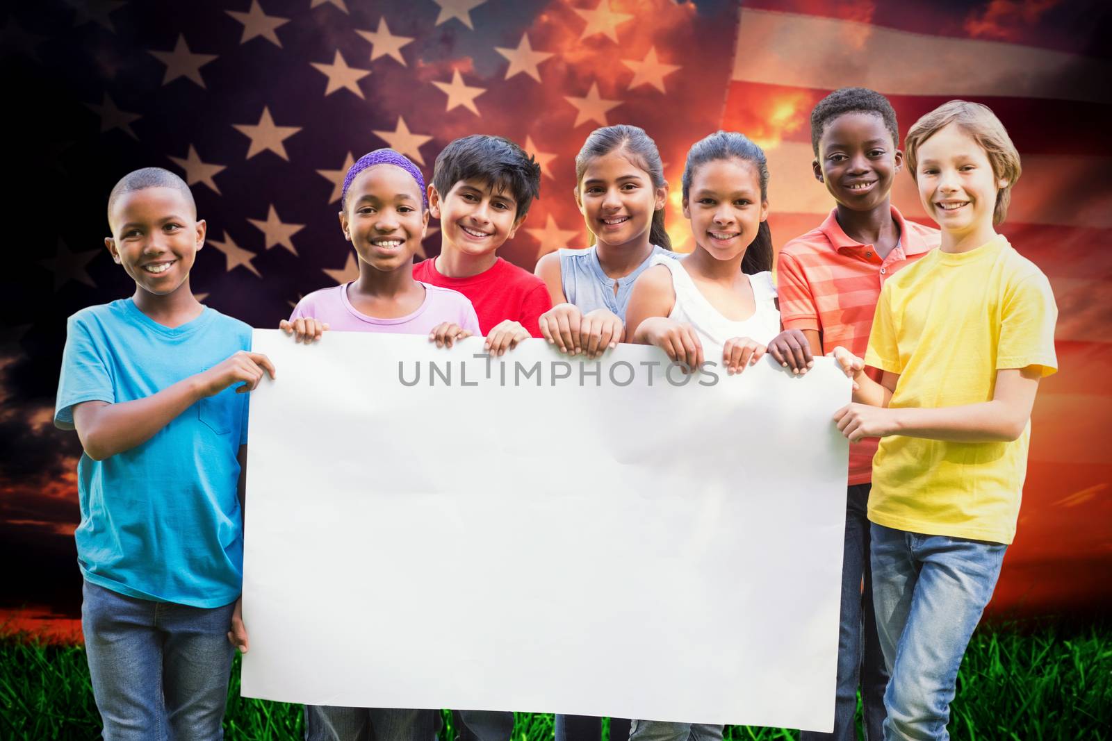 Happy friends in the park  against composite image of united states of america flag Happy friends in the park on a sunny day