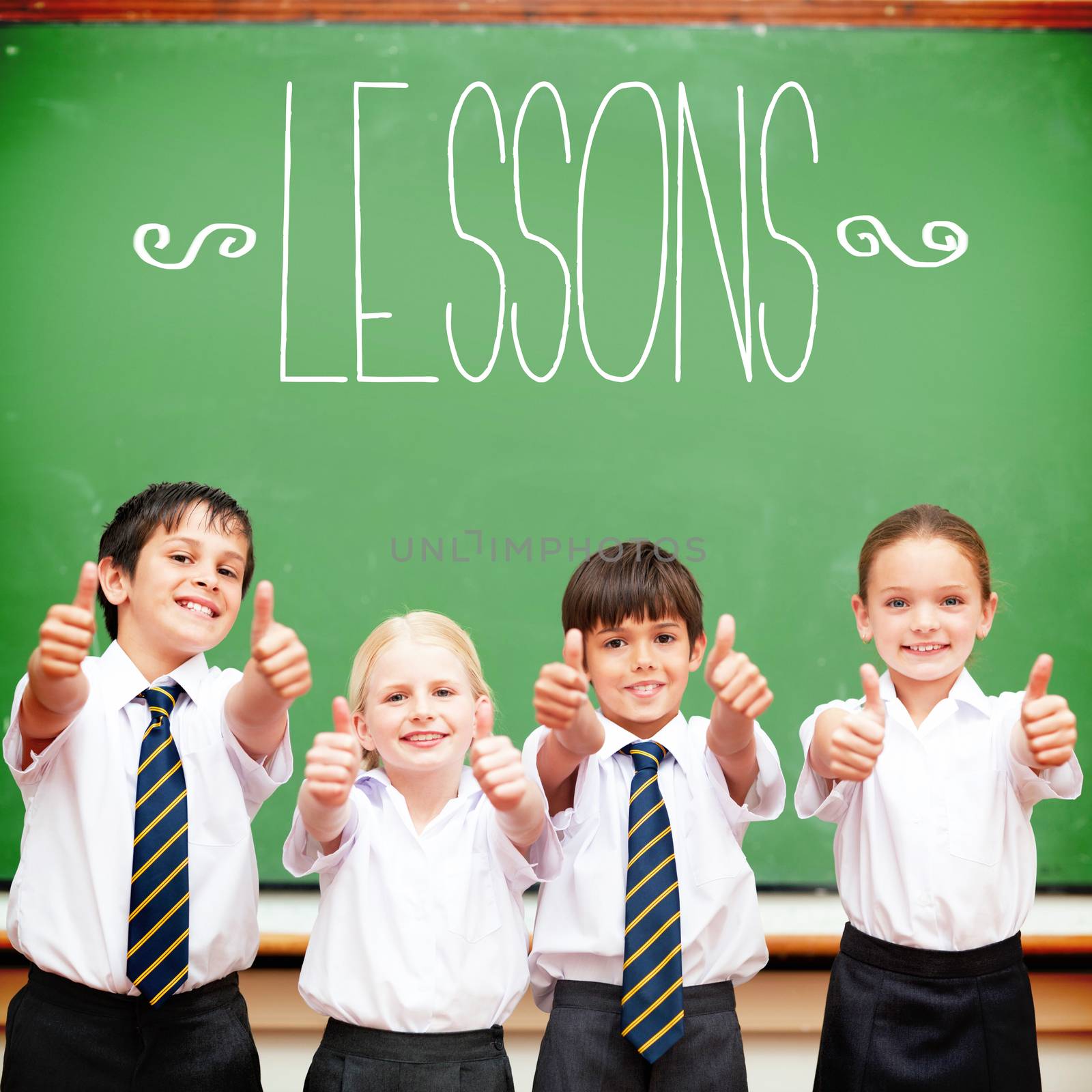 The word lessons against cute pupils showing thumbs up in classroom