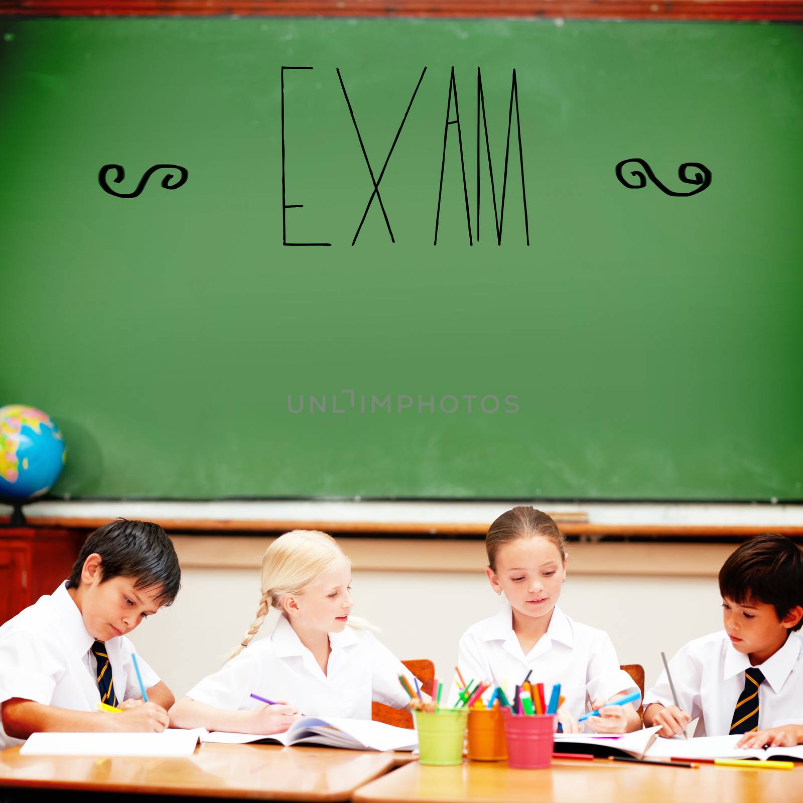 The word exam against cute pupils sitting at desk