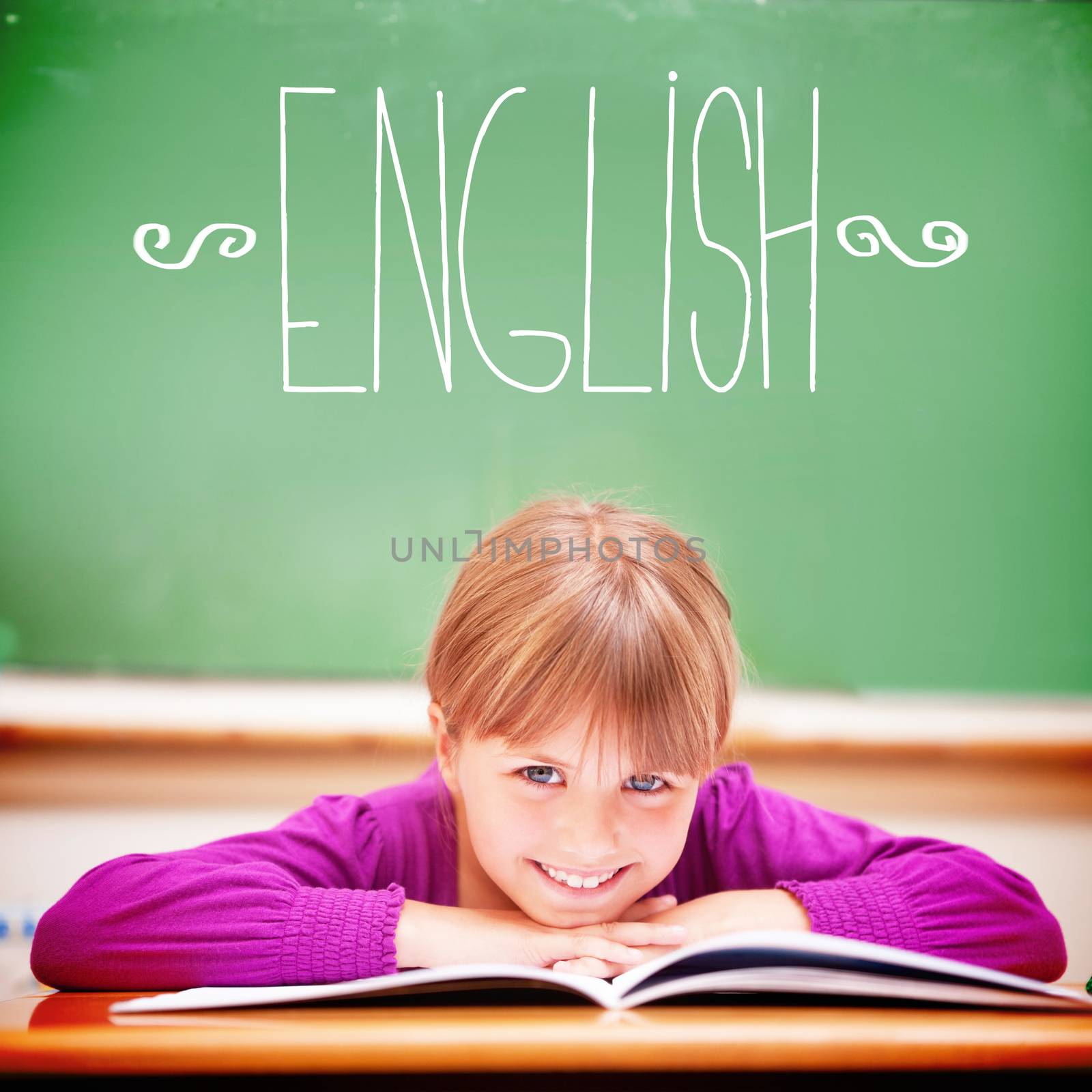 The word english against cute pupil sitting at desk