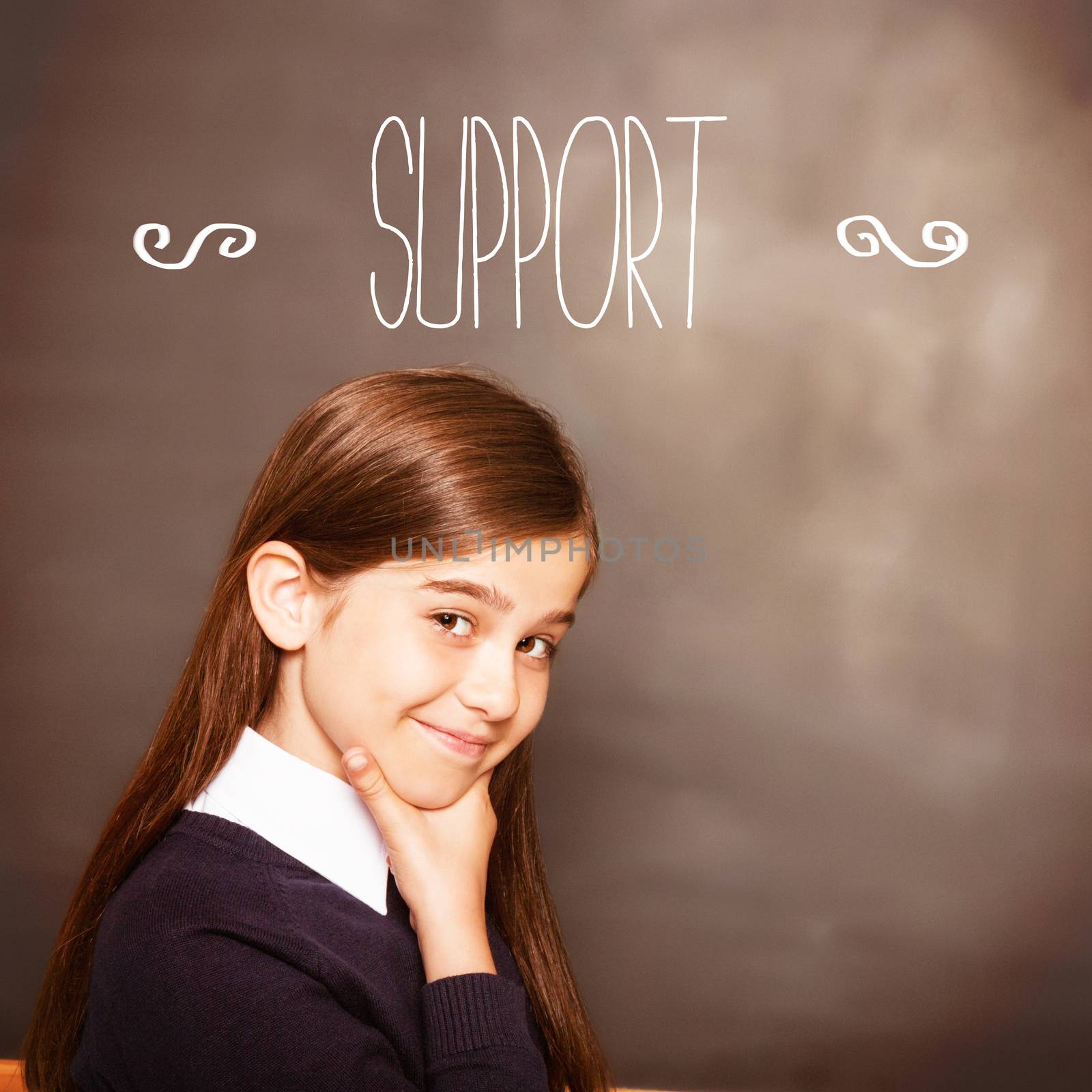The word support against thinking pupil looking at camera