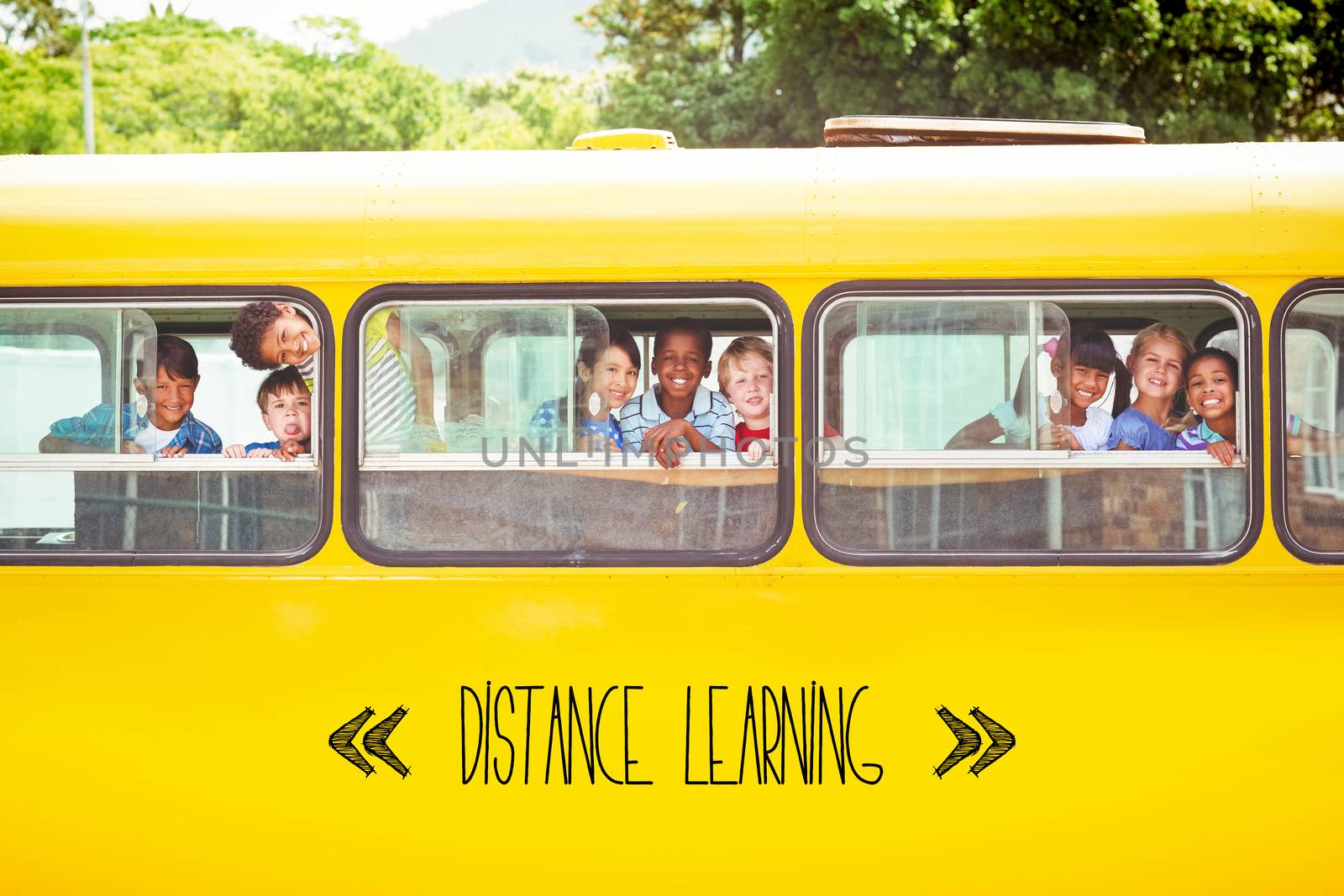 The word distance learning against cute pupils smiling at camera in the school bus