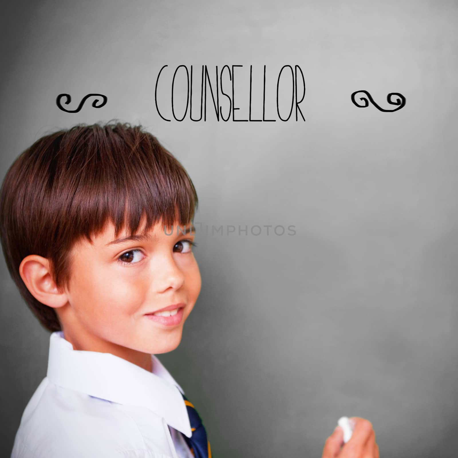 The word counsellor against cute pupil with chalkboard