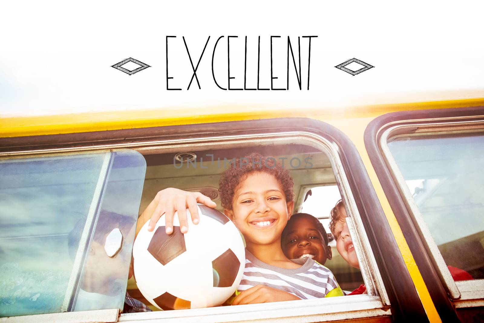 The word excellent! against cute pupils smiling at camera in the school bus