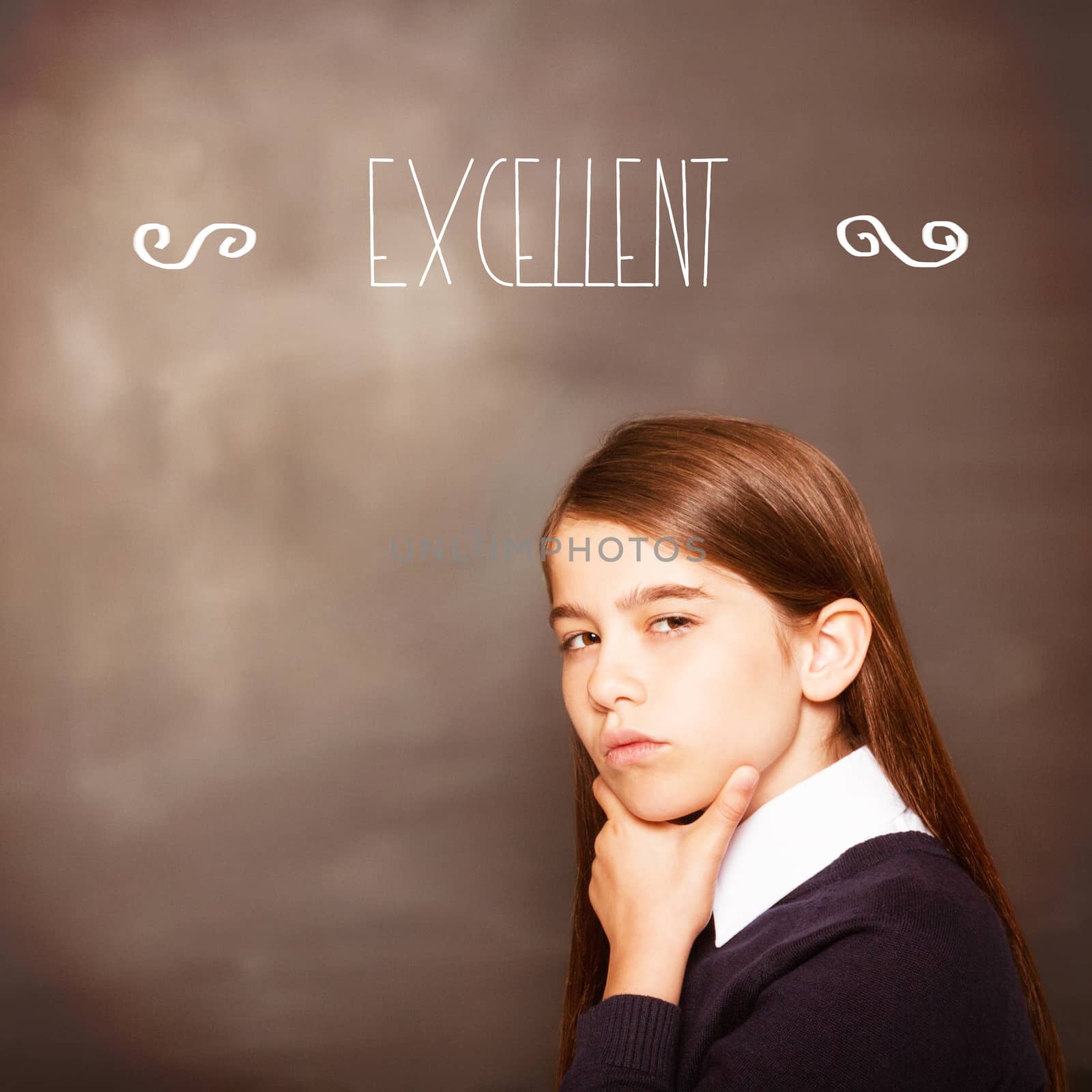 The word excellent! against thinking pupil looking at camera