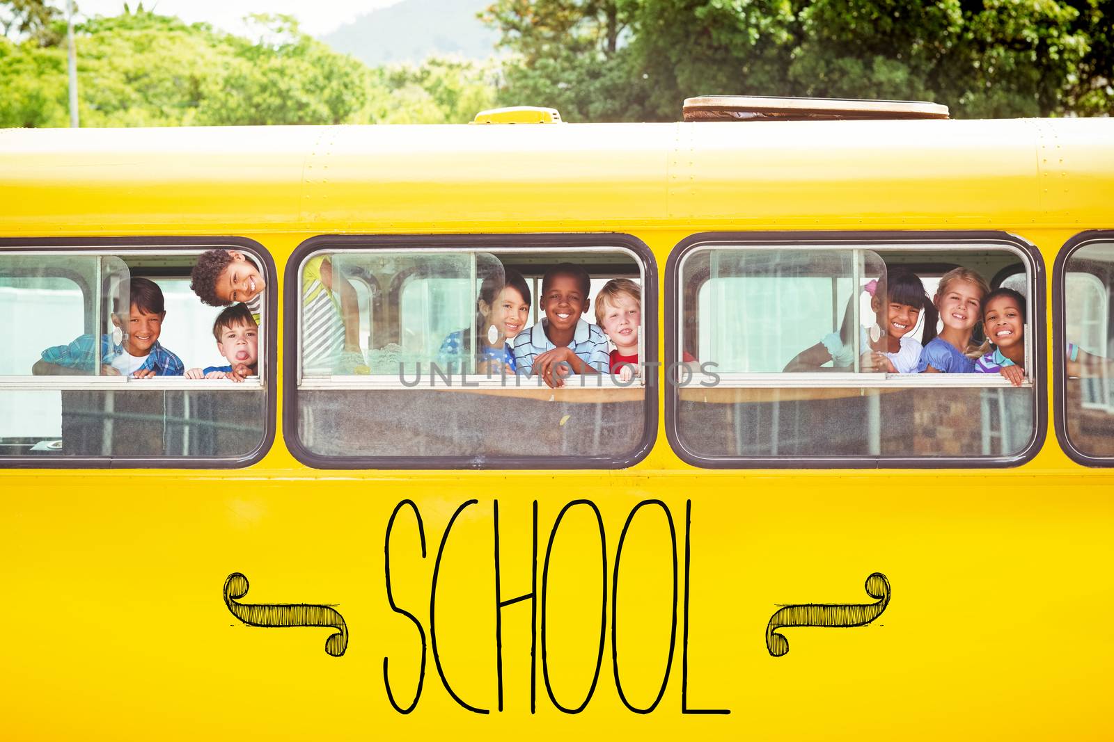 The word school against cute pupils smiling at camera in the school bus