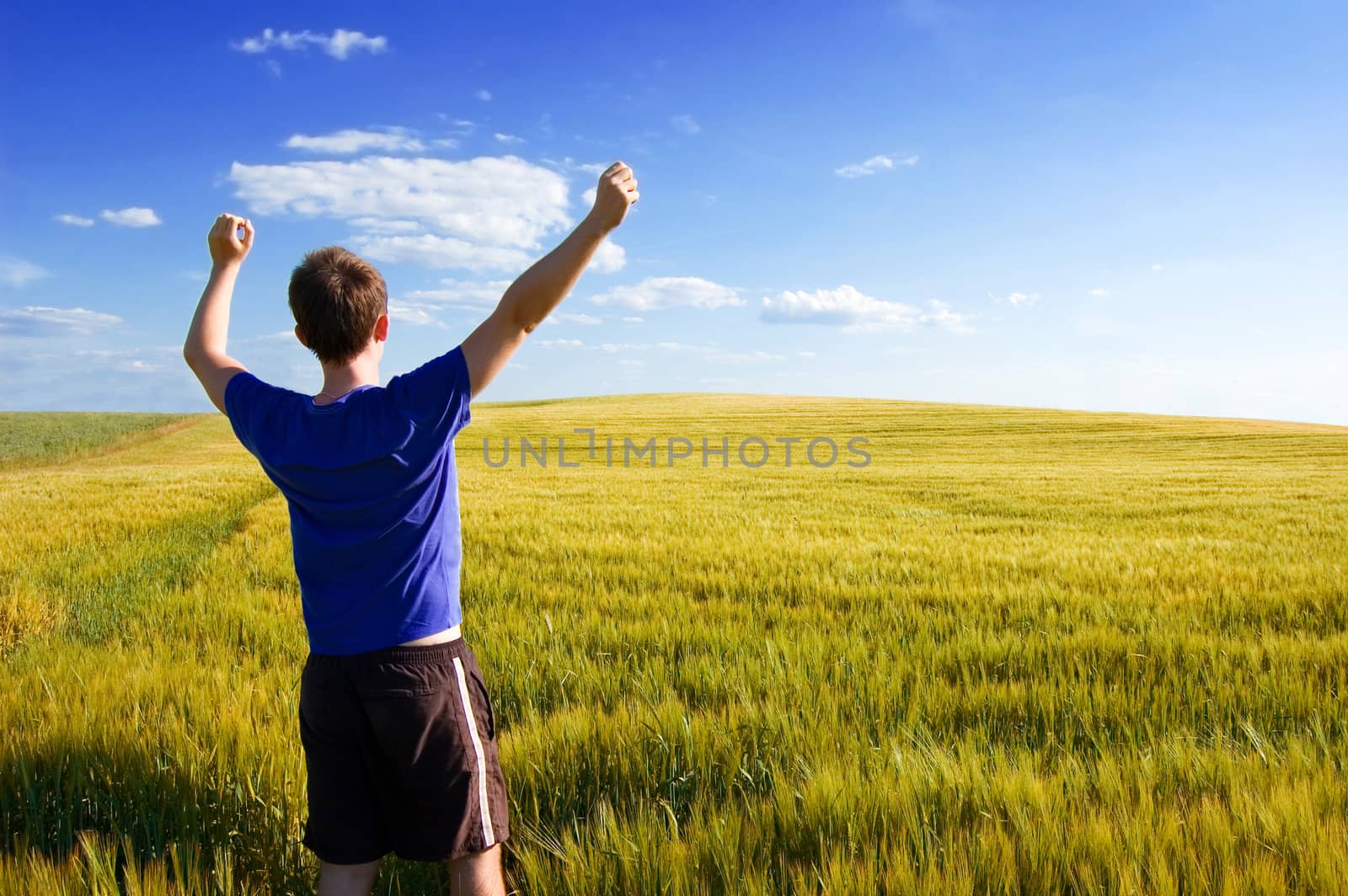 Man standing on the green field at summer and feel the freedom.