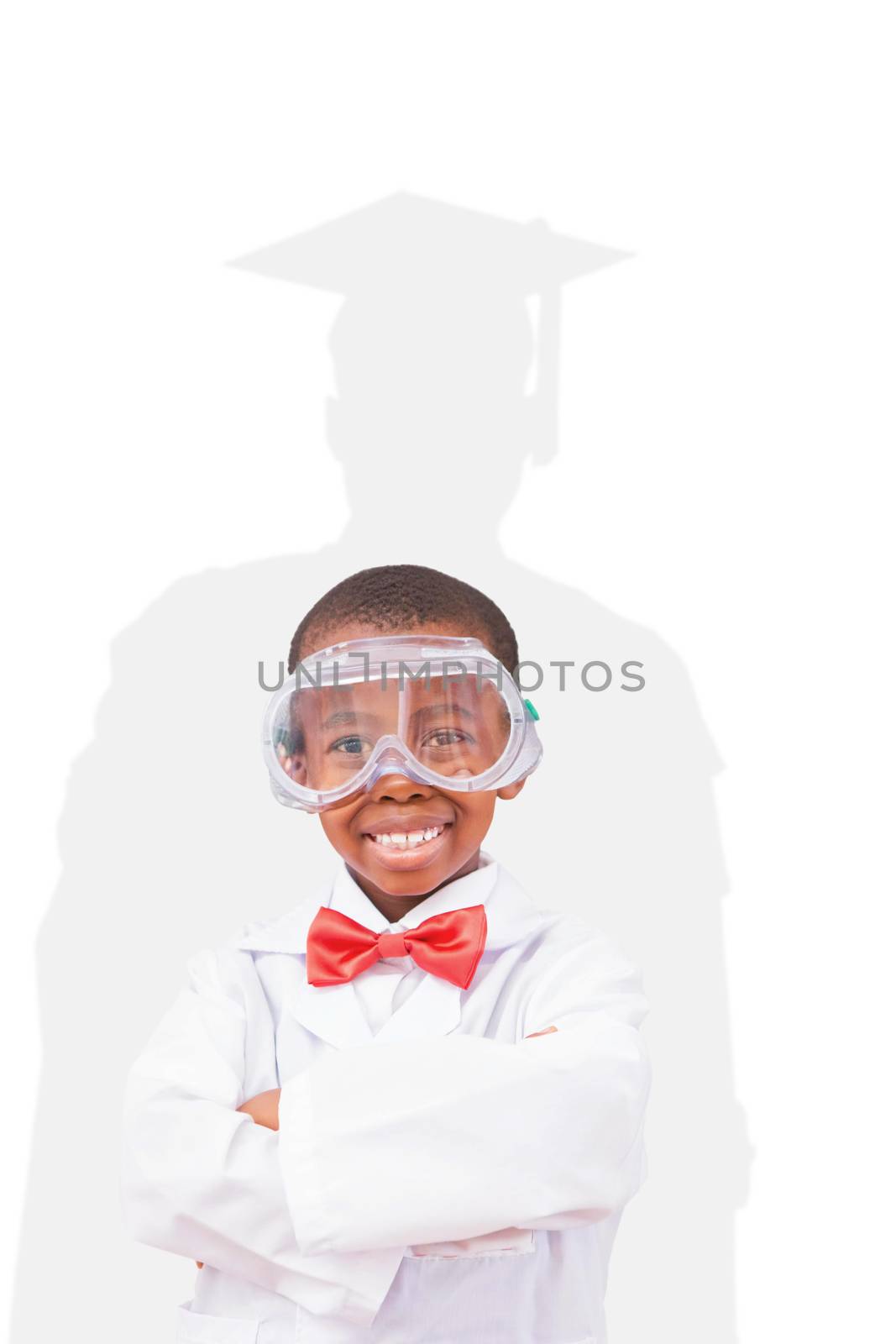 Pupil dressed up as scientist against silhouette of graduate