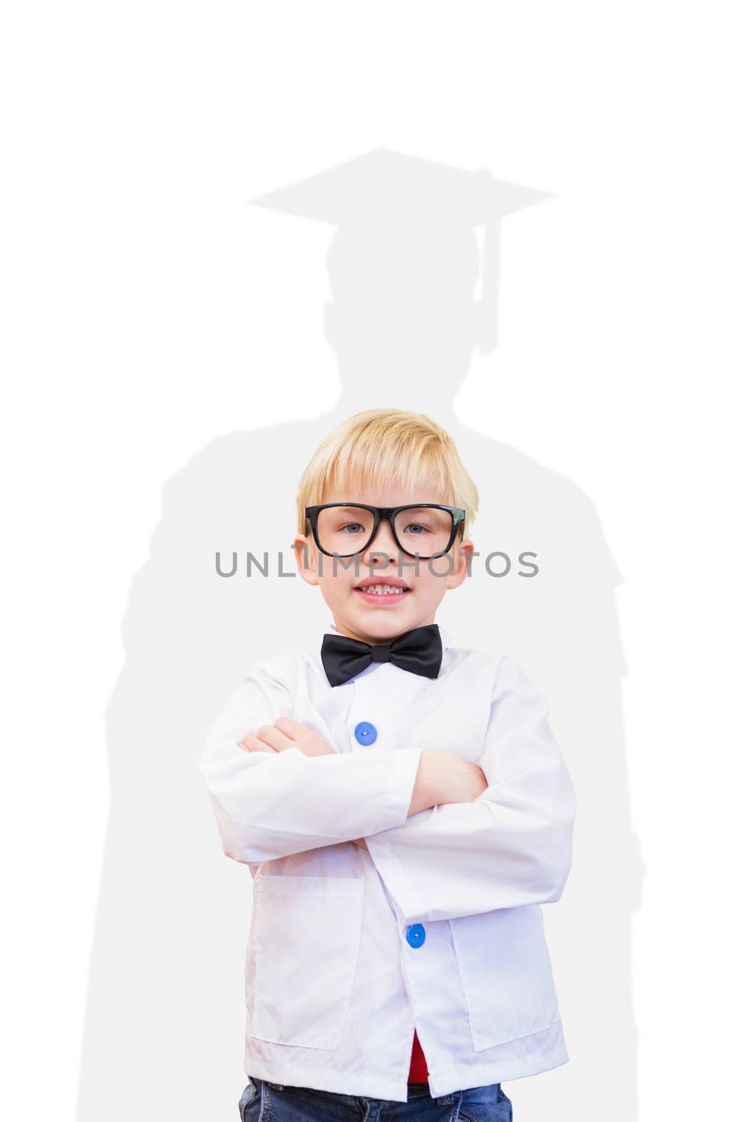 Cute pupil dressed up as teacher against silhouette of graduate