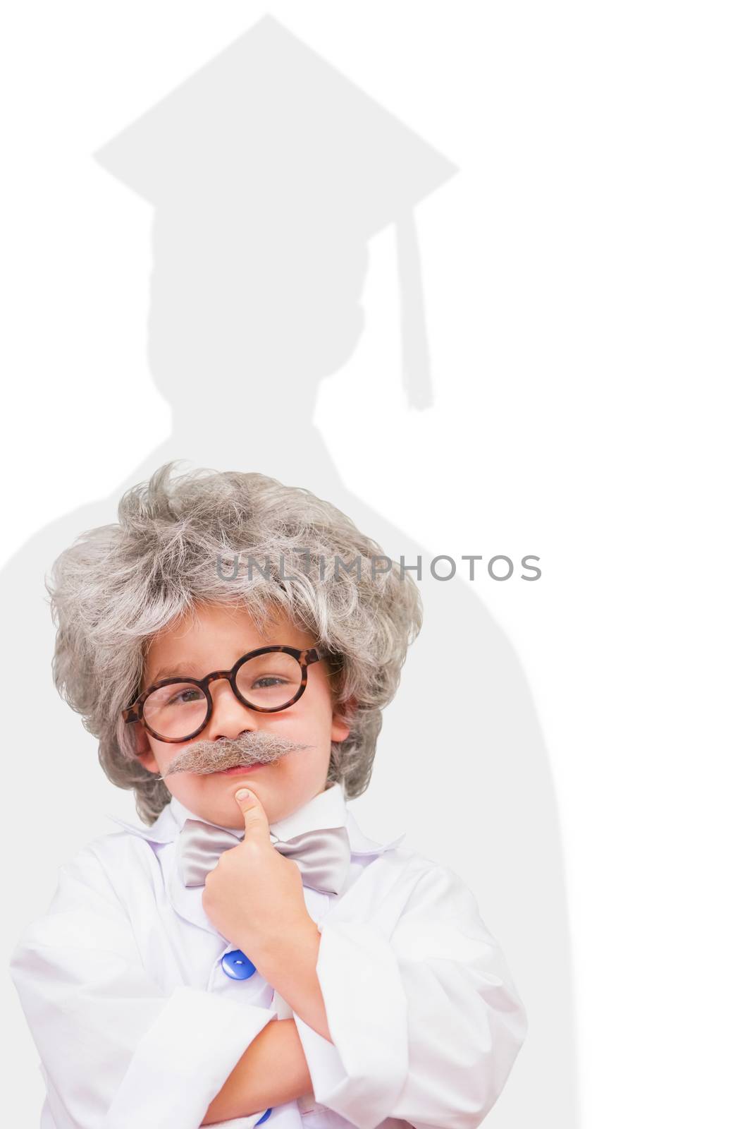 Cute pupil in lab coat  against silhouette of graduate