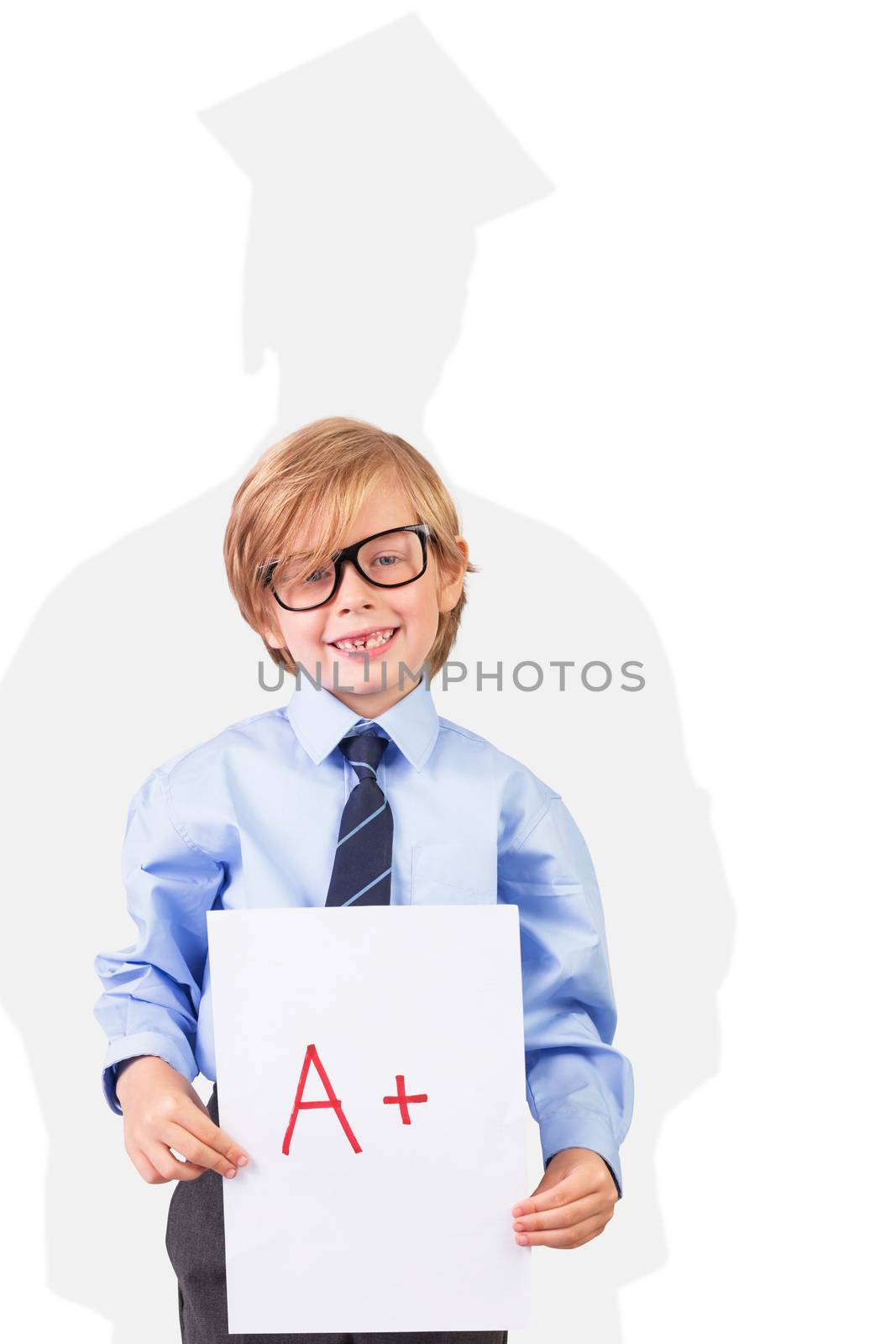 Cute pupil showing a plus grade against silhouette of graduate