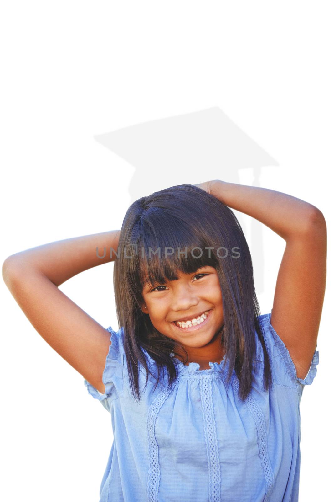 Cute little girl in the park against silhouette of graduate