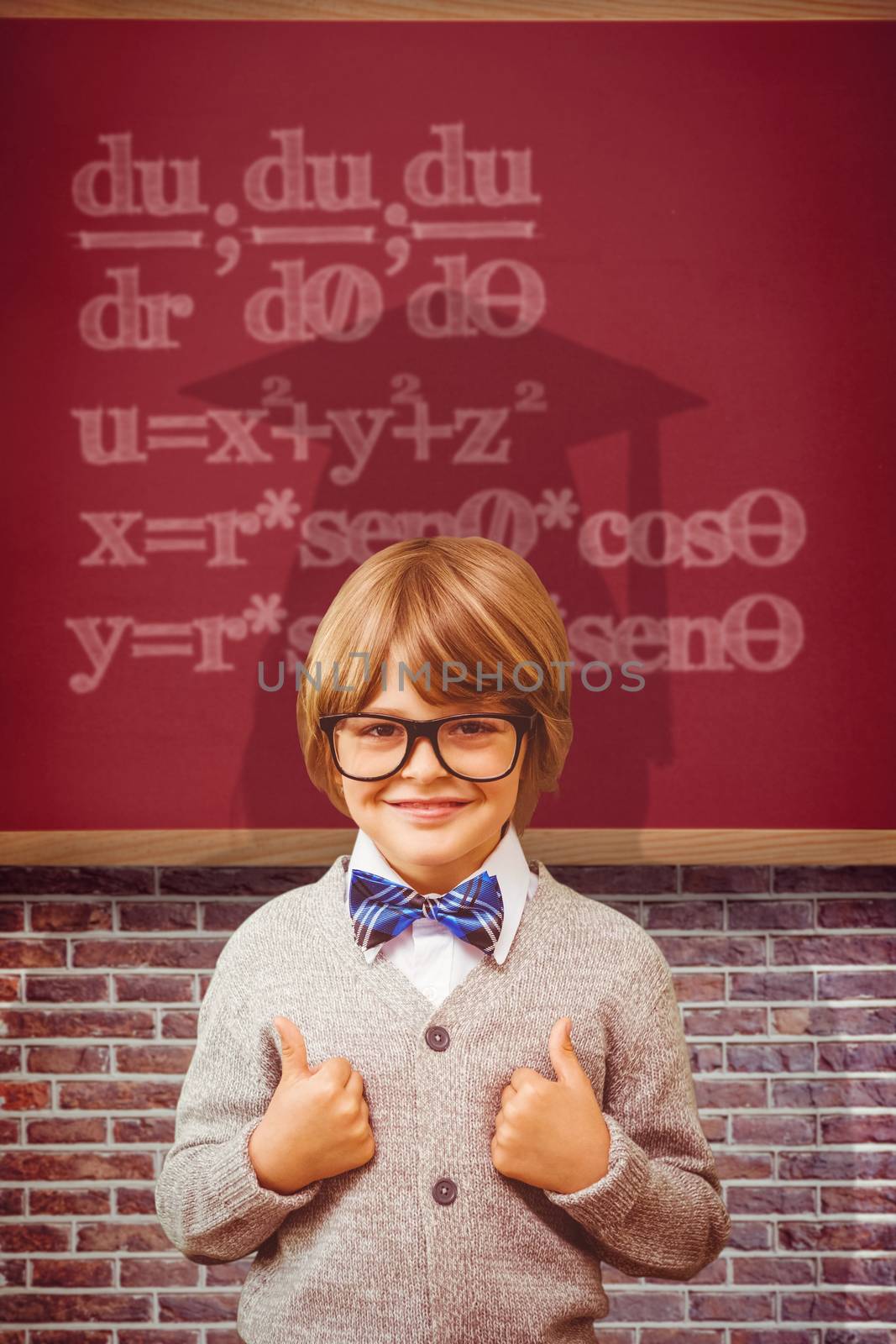 Cute pupil dressed up as teacher against red background