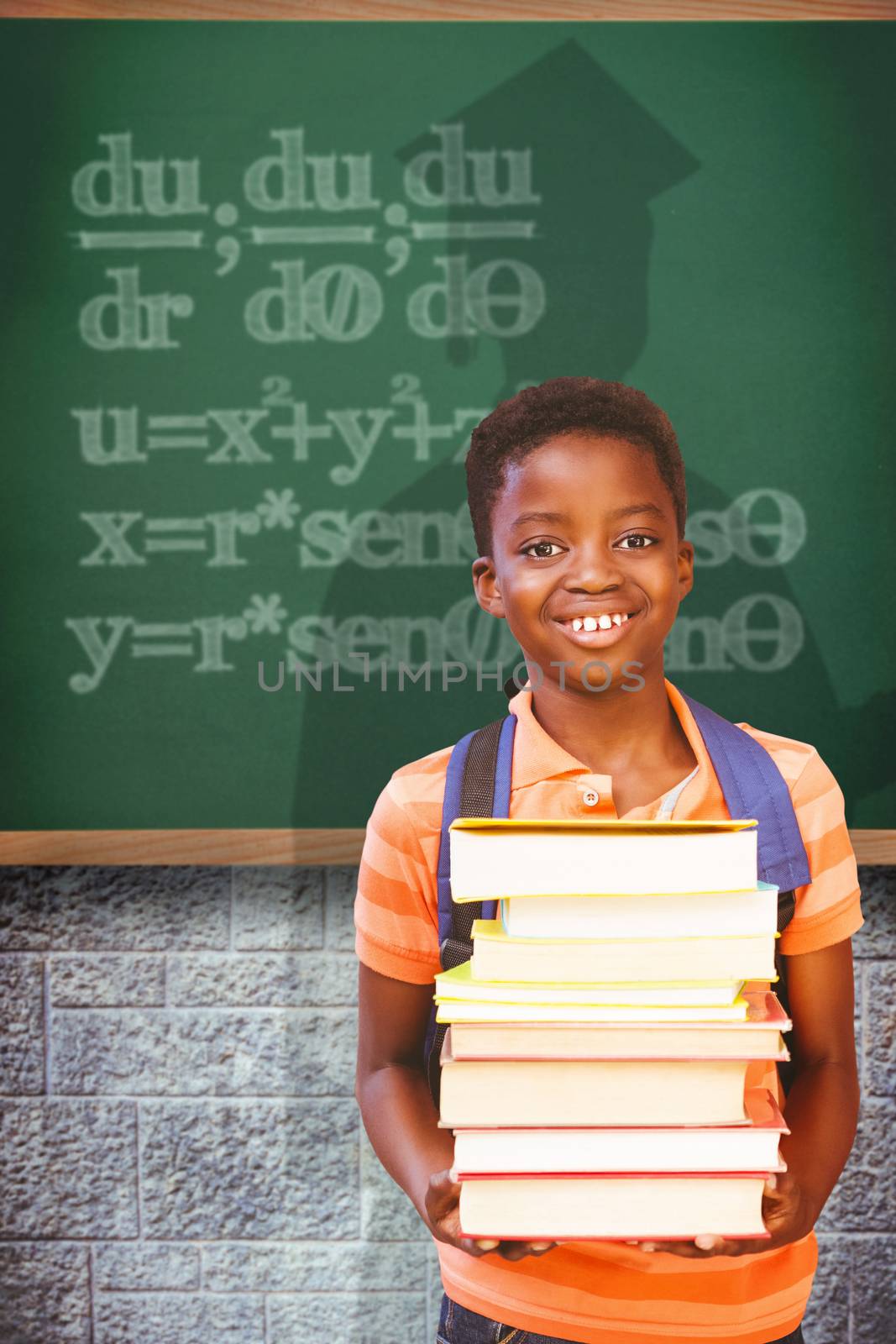 Composite image of cute little boy carrying books in library by Wavebreakmedia