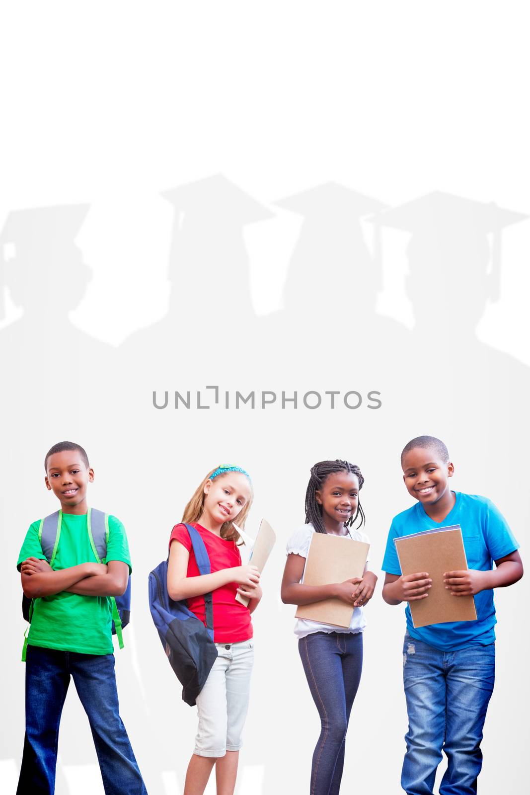 Cute pupils smiling at camera  against silhouette of graduate