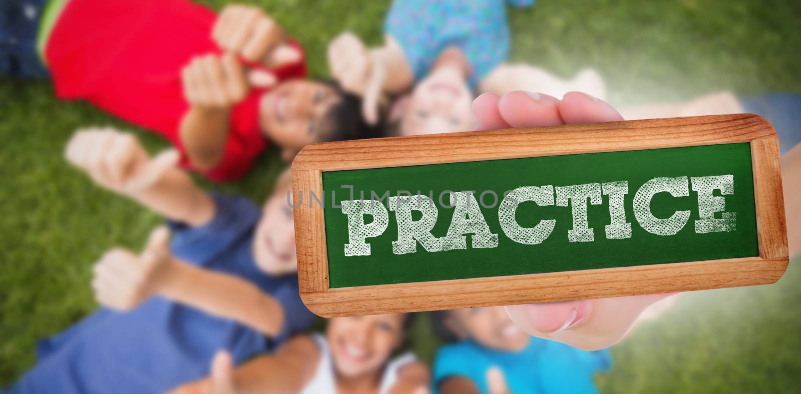 The word practice and hand showing chalkboard against happy friends playing in the park