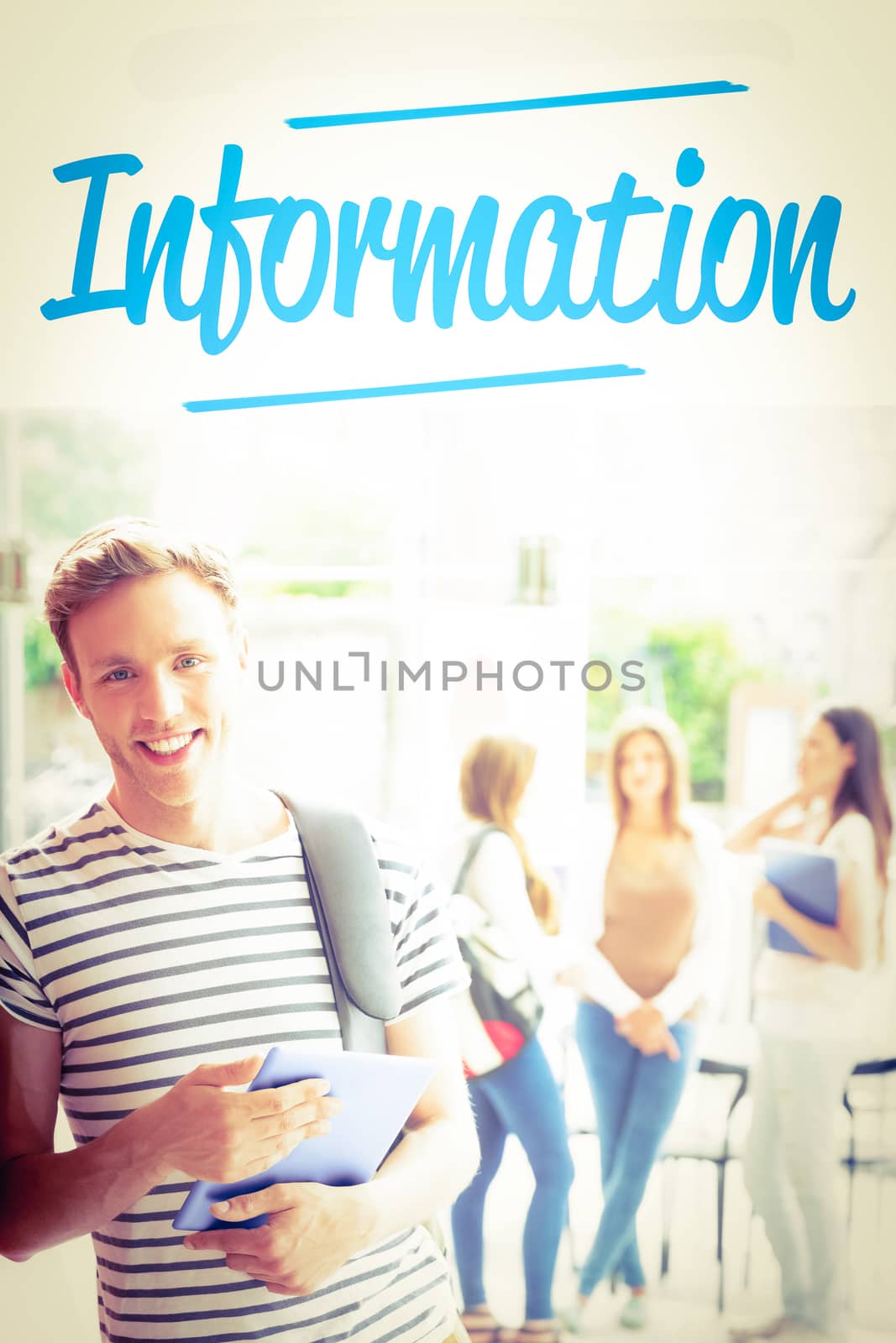 Information against handsome student smiling and holding tablet by Wavebreakmedia
