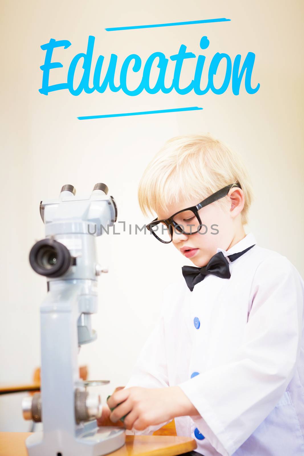 The word education against cute pupil dressed up as scientist in classroom
