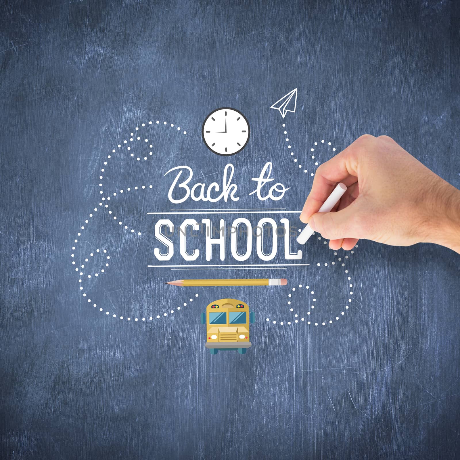 Hand writing with a white chalk against blue chalkboard