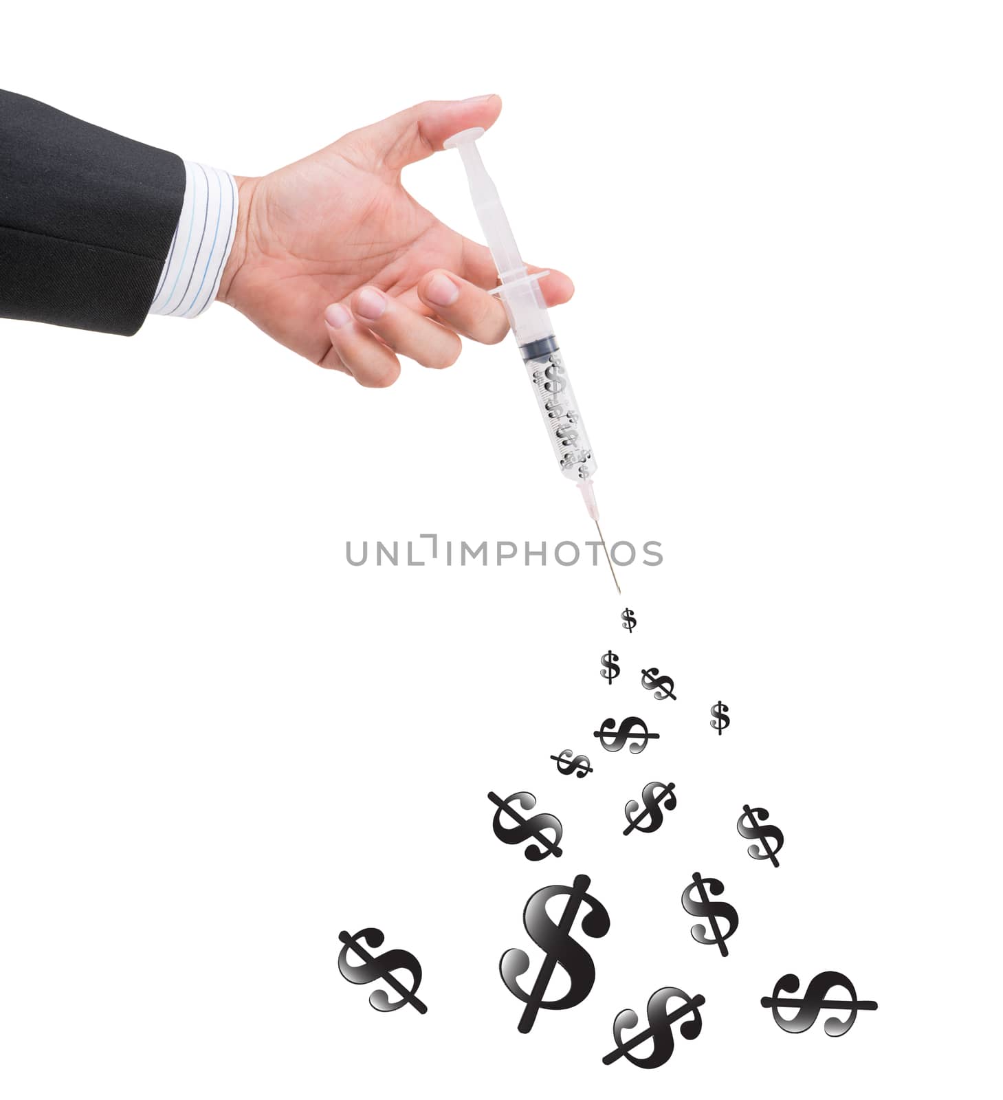 hand holding syringe filled with currency on white background