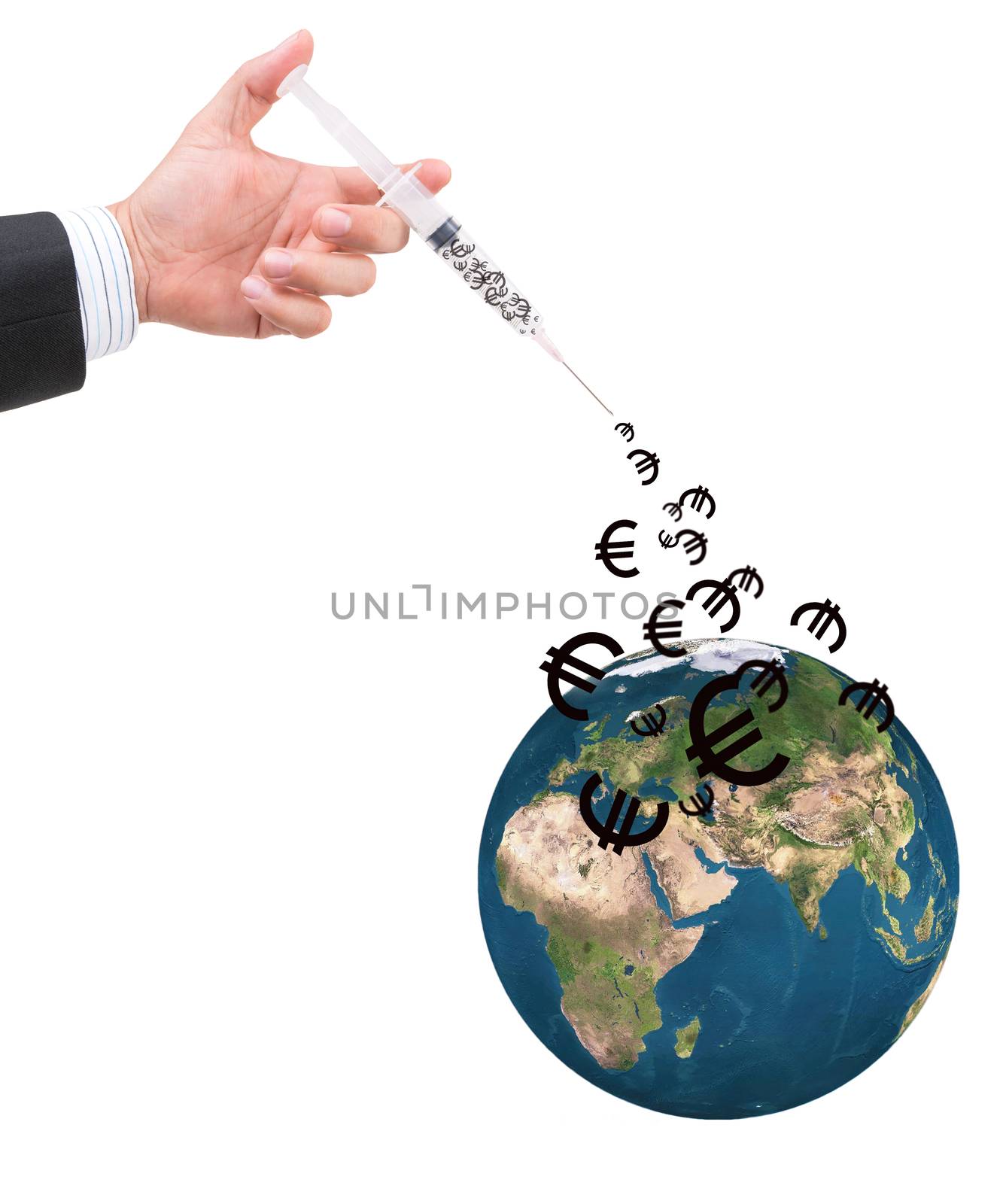 hand holding syringe filled with currency on white background