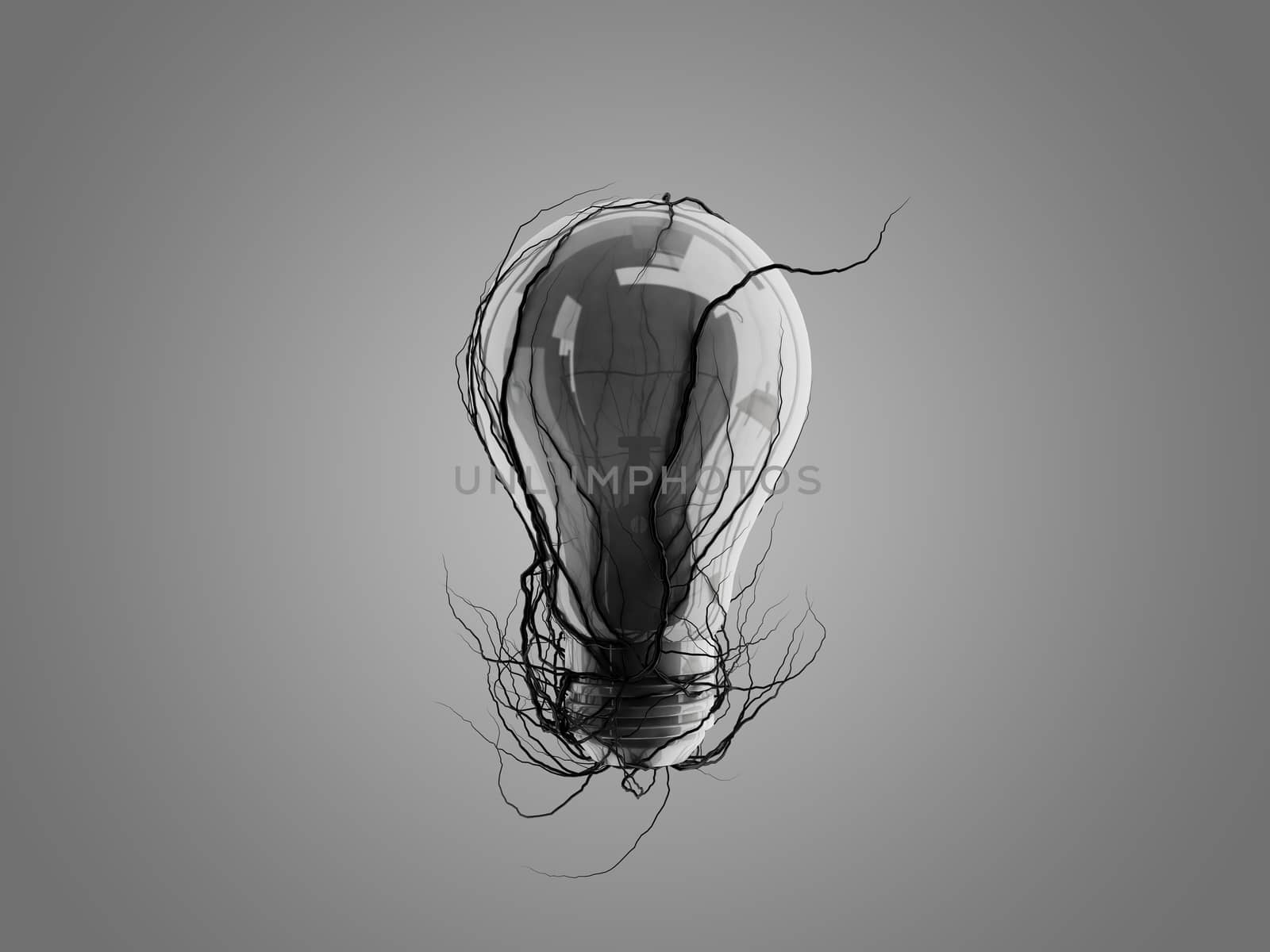 Light bulb with roots and emerged on the icon with roots, concept