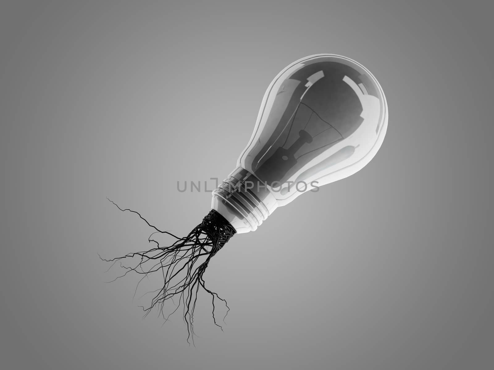 Light bulb with roots and emerged on the icon with roots, concept