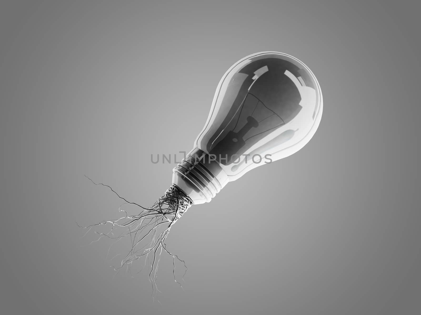 Light bulb with roots and emerged on the icon with roots, concept