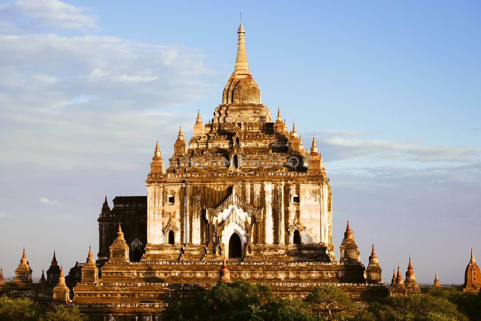 Landscape detail view of ancient temple Thatbyinyu in Bagan at sunset, Myanmar