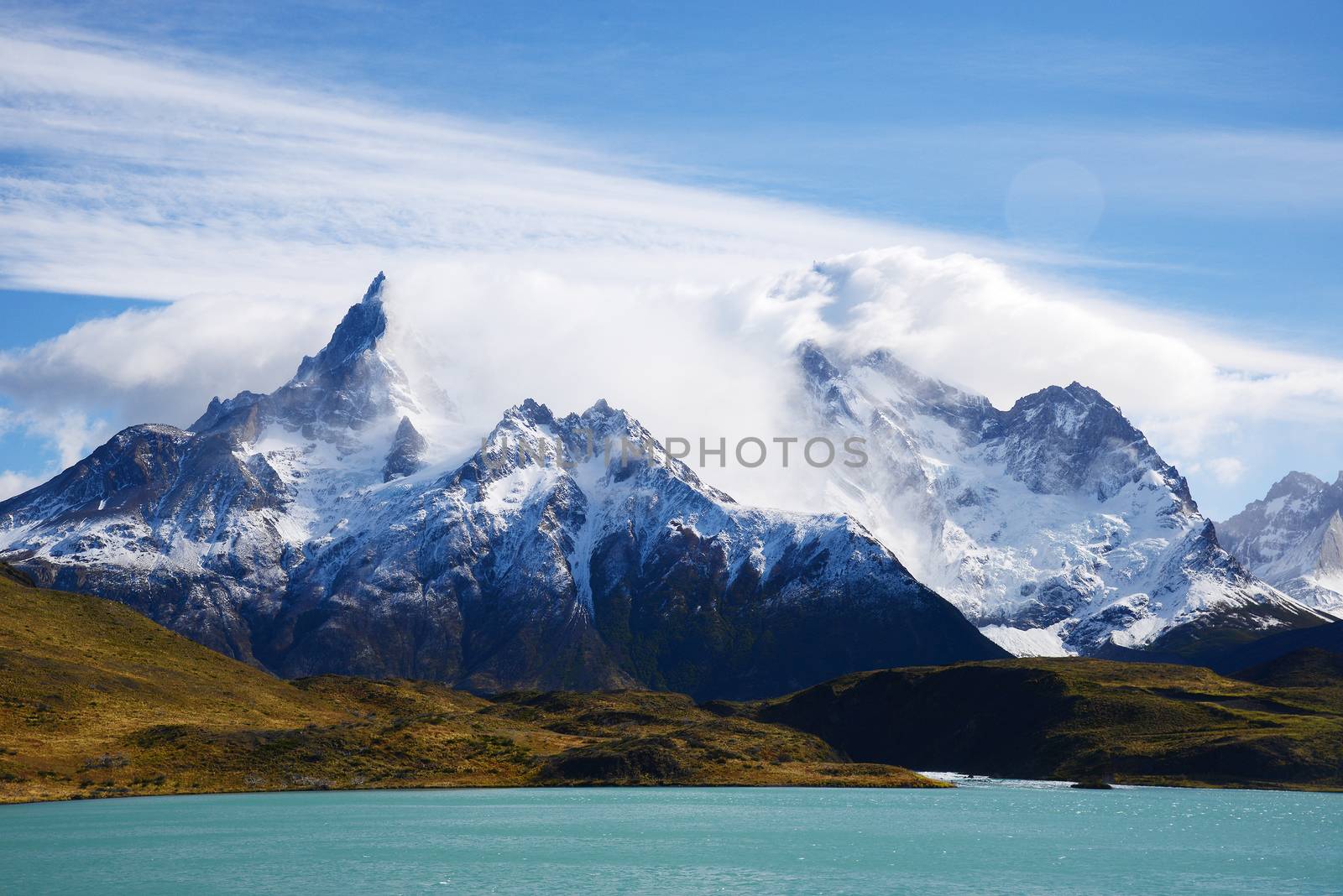 jagged mountain peaks in Torres del Paine National Park in Chilean patagonia